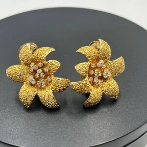 Kenneth Jay Lane KJL Gold Plated Pave Yellow clear Crystal Flower Clip Earrings